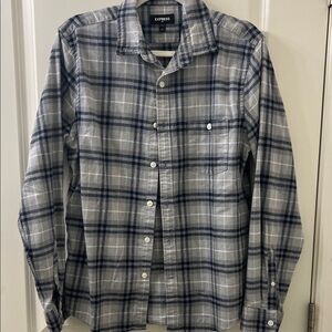 Express Men's Gray and Blue Checkered Shirt